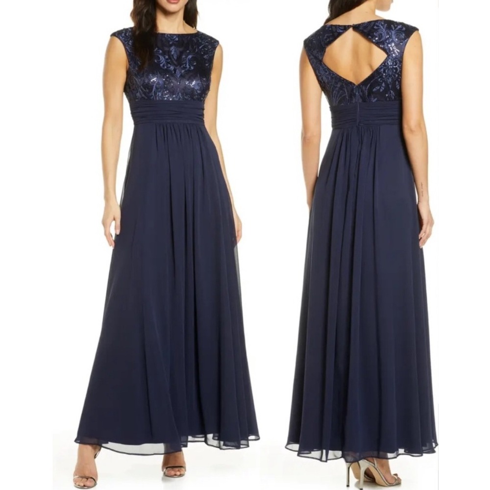Eliza J Navy Blue Sequin Lace Bodice Sleeveless Chiffon Maxi Dress Size 6